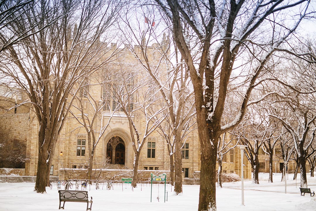 Pictured: The Thorvaldson Building, a large stone building located on USask's Saskatoon Campus, in the winter. 