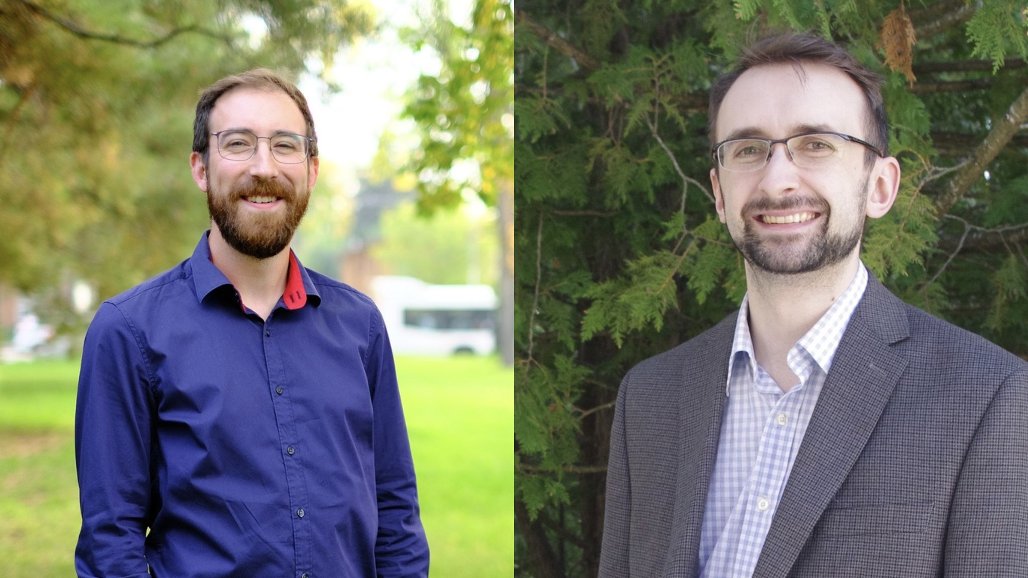 Two photos featuring headshots of scholars against green backgrounds side by side. The first headshot features a white man with a beard and glasses, wearing a blue button-up shirt smiling in front of a green clearing. The second headshot features a white man man with a beard and glasses wearing a suit jacket and button up shirt, who is smiling andstanding in front of a hedge. 