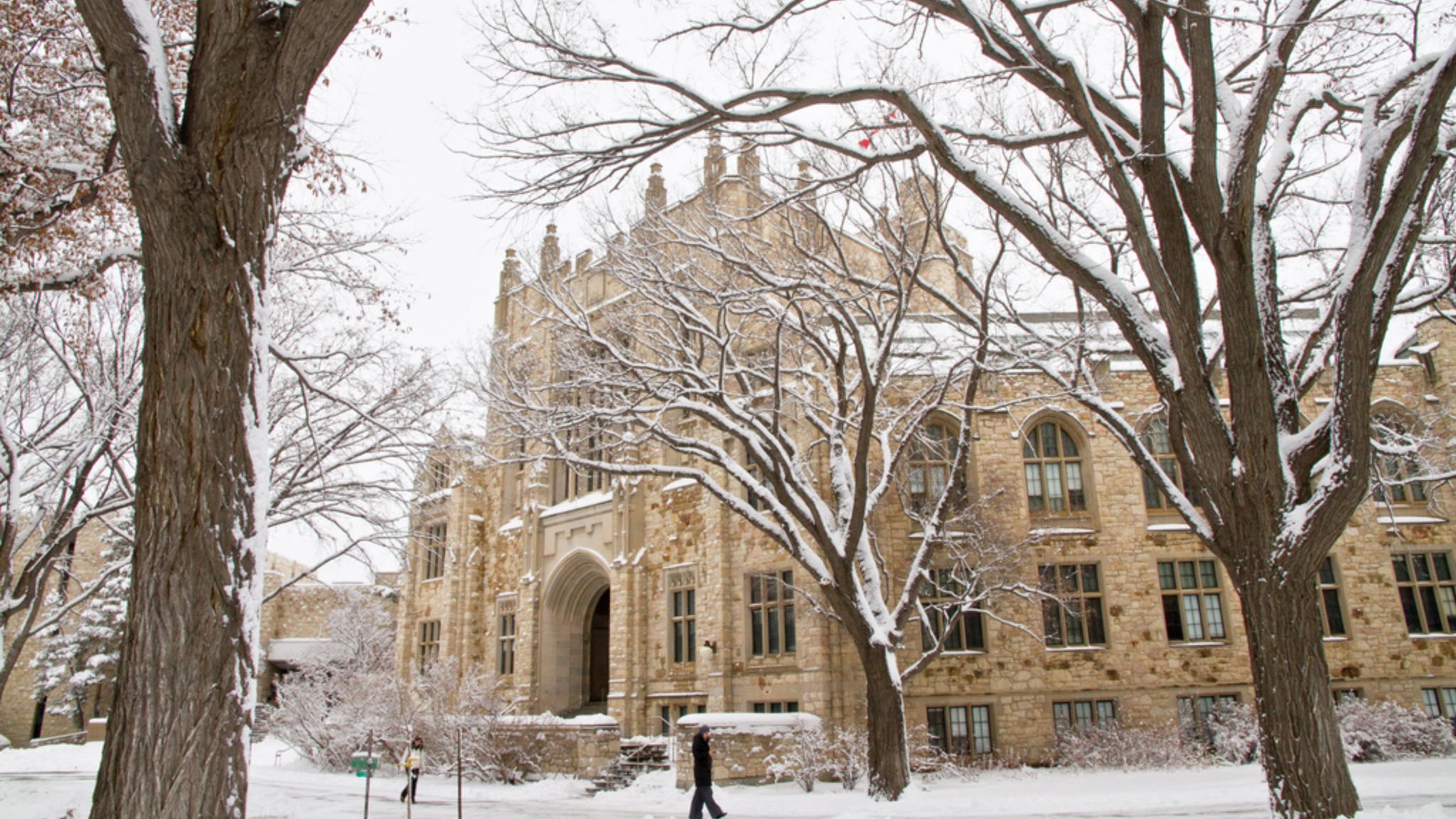 Thorvaldson Building on the University of Saskatchewan campus during the winter, covered in snow. 