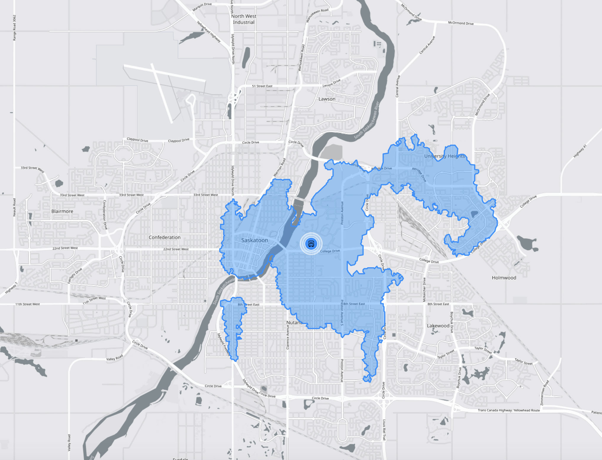 Diagram of Saskatoon with areas that are within a 30 minute bus ride to the university overlaid in blue.