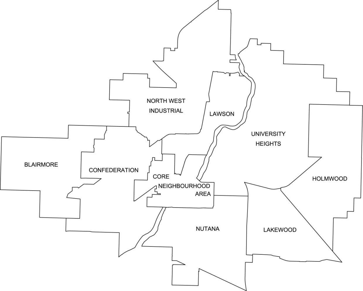 Diagram of Saskatoon divided into nine suburban development areas.